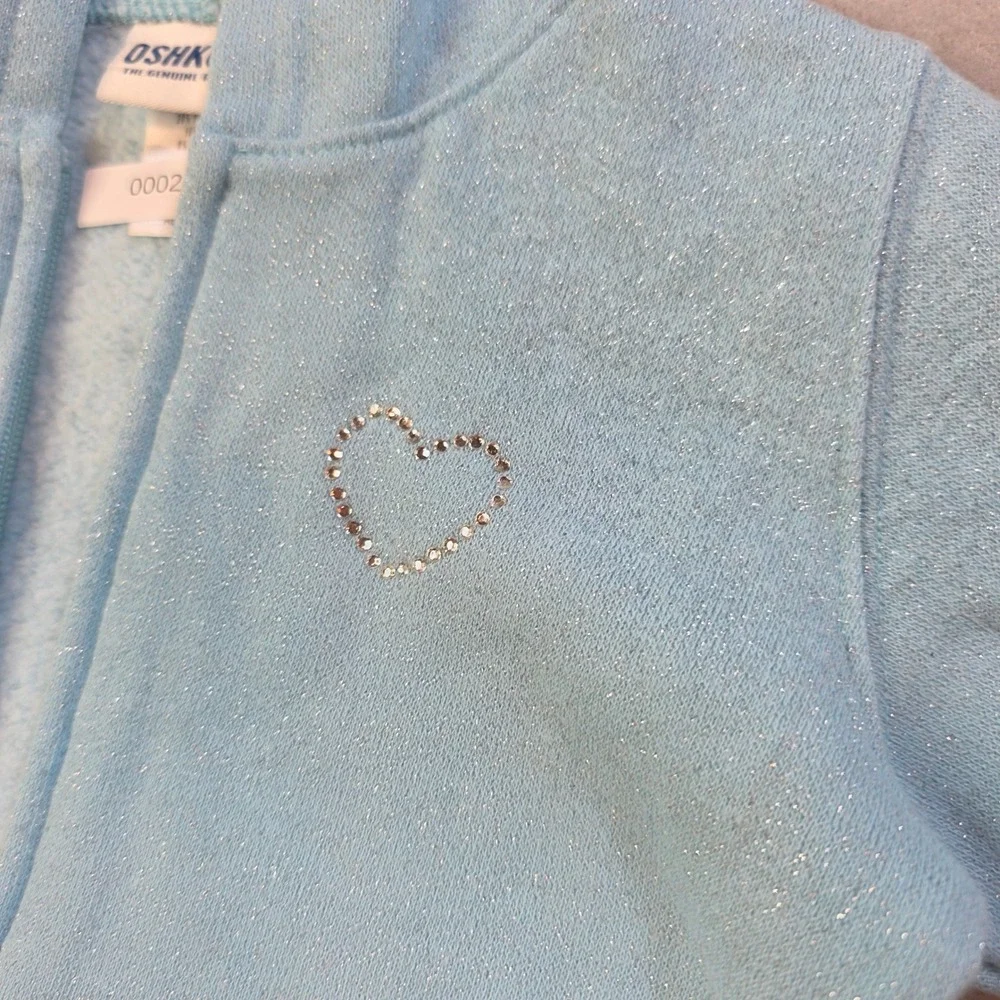 OshKosh Bgosh Toddler Girls 3T Blue Sparkle Heart Zip Up Hoodie Jacket 626-9099